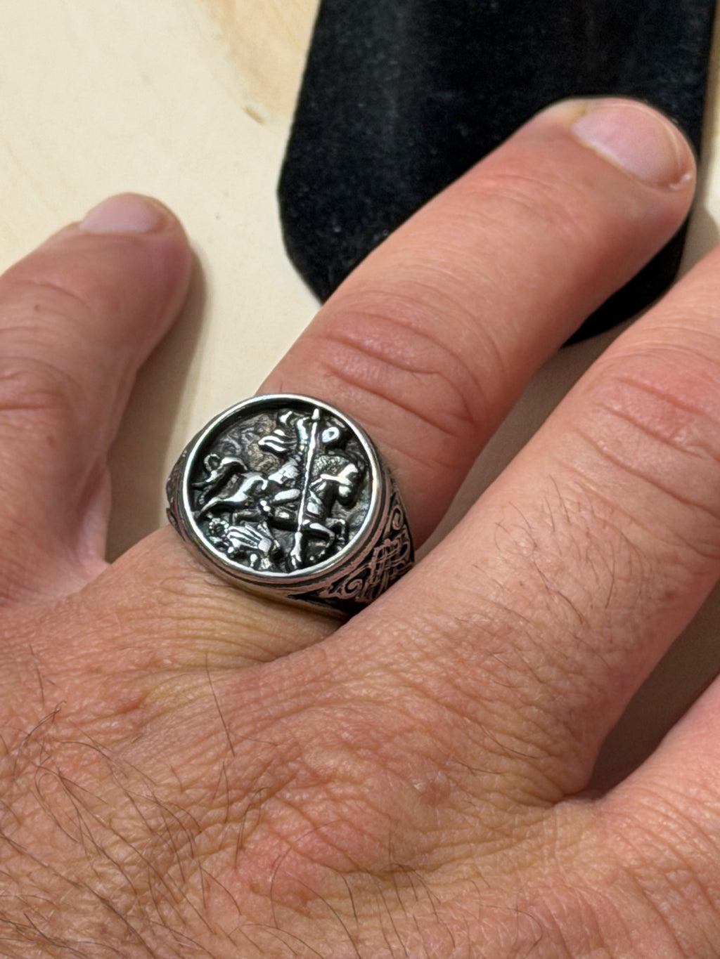 St. George Knight on Horseback Signet Ring Size 8