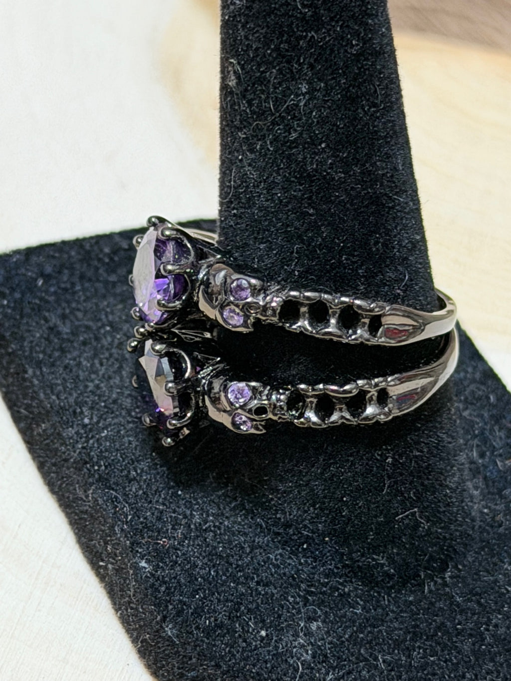 Black Gold Plated Double Skull Ring with Purple CZ Solitaire