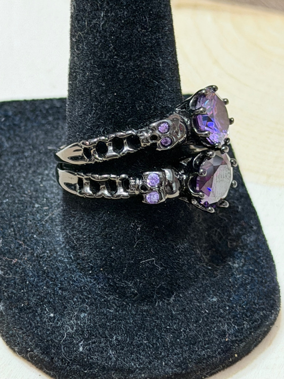 Black Gold Plated Double Skull Ring with Purple CZ Solitaire