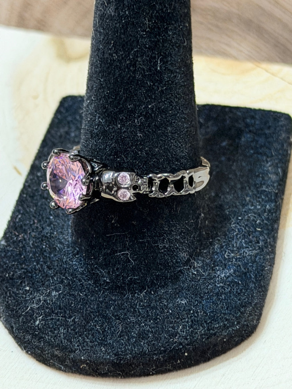Black Gold Plated Double Skull Ring with Pink CZ Solitaire