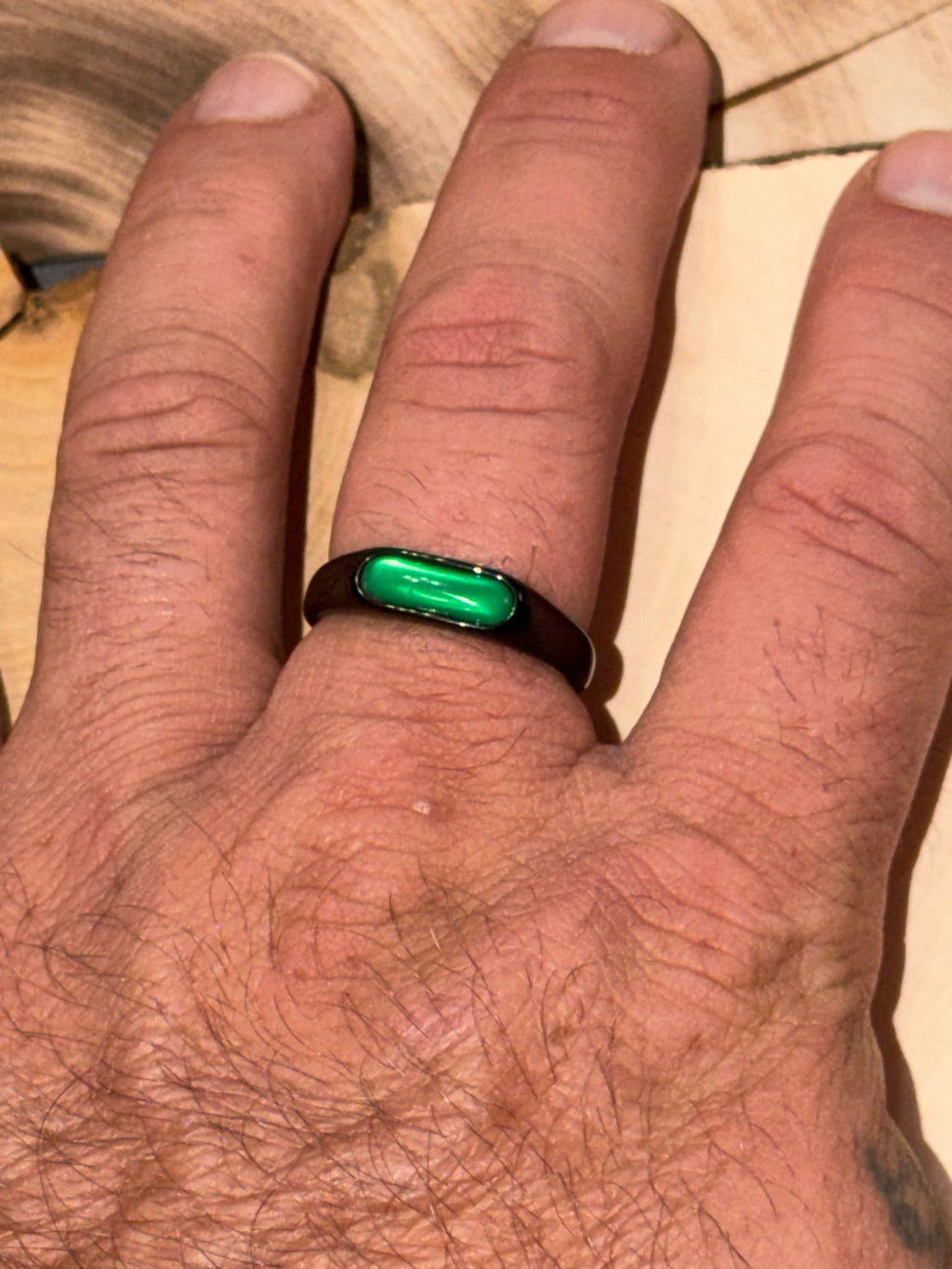 Black Band Green Stone Ring Size 11