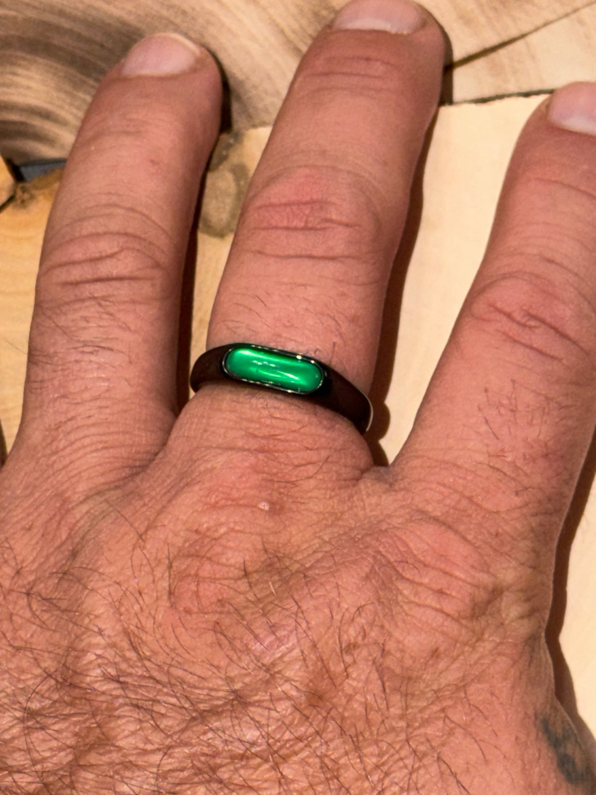 Black Band Green Stone Ring Size 11
