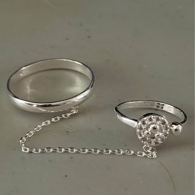 Brass w/ Silver Plating Micro Pave Two Finger Chain Linking Dangle Double Rings w/ Clear CZ