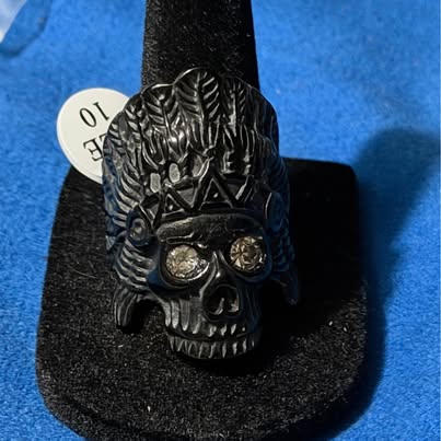 Black Skull Headdress Ring with Clear Stones Size 10