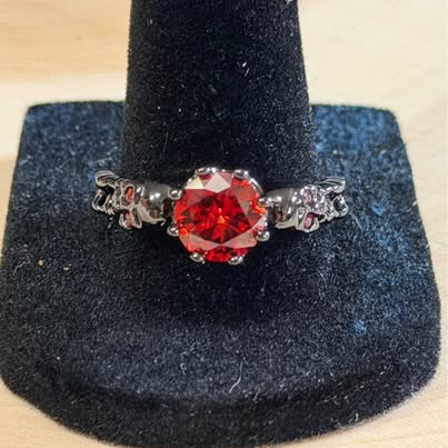 Black Gold Plated Double Skull Ring with Red CZ Solitaire