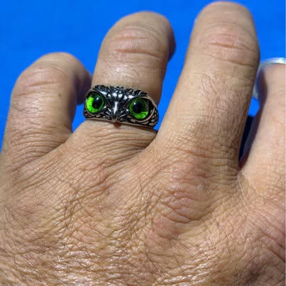 Owl Ring Green Glass Eyes
