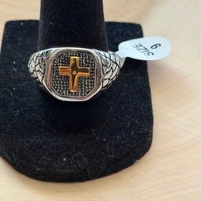 Men's Silver and Gold Tone Cross Signet Ring Size 9