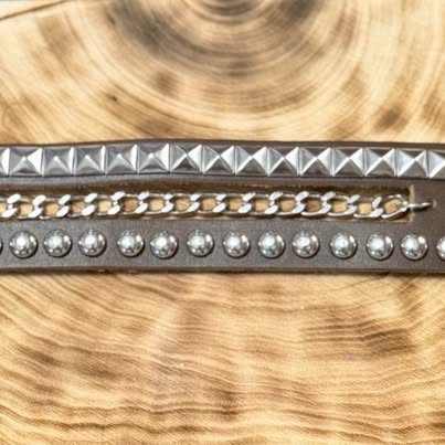 Studded Brown Leather Cuff Bracelet with Chain Detail