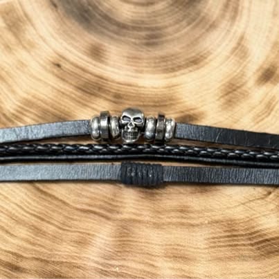 Black Leather Multi-Strand Skull Bracelet