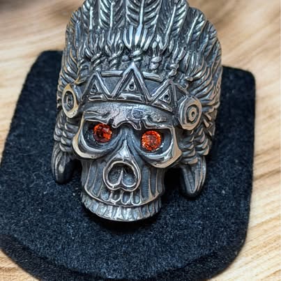 316L Stainless Steel Skull Headdress Ring with Red Eyes Size 12