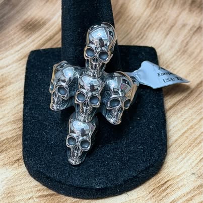 316L Stainless Steel 5 Skull Cross Ring Size 12