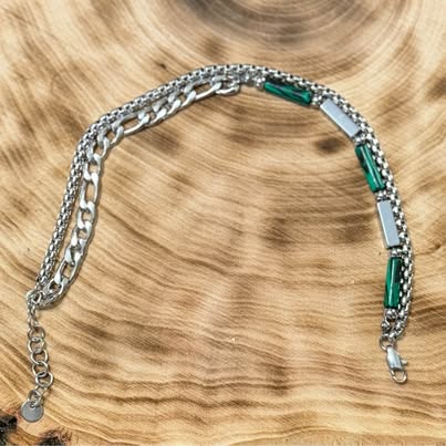 316L Stainless Steel Double Strand Bracelet with Green Stone Accents
