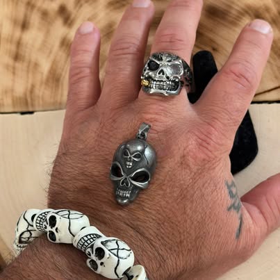 Skull Set Size 12 - Bite the Bullet Ring, Double Skull Pendant & White Resin Bracelet