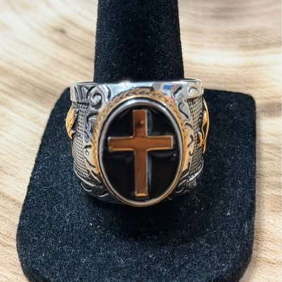 Two-Tone Stainless Steel Religious Cross and Praying Hands Ring Size 10