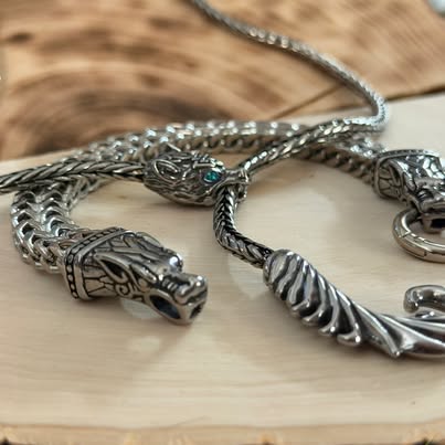 Viking Wolf Set - Valknut Necklace 36in & Wolf Head Bracelet
