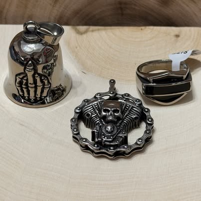 Biker Set Ring Size 10 or 11 - Guardian Bell, V-Twin Pendant & Bar & Shield Ring Bundle