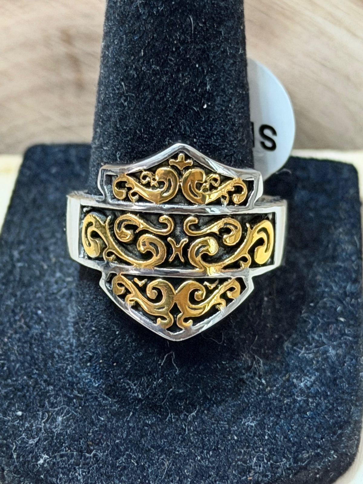Two-Tone Bar & Shield Ring Size 9 - Gold Tone Scrollwork