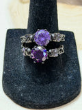 Black Gold Plated Double Skull Ring with Purple CZ Solitaire