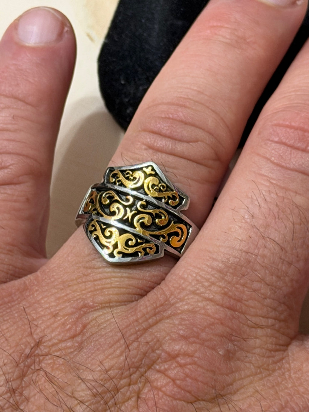 Two-Tone Bar & Shield Ring Size 9 - Gold Tone Scrollwork