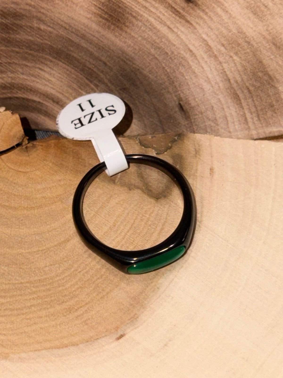 Black Band Green Stone Ring Size 11