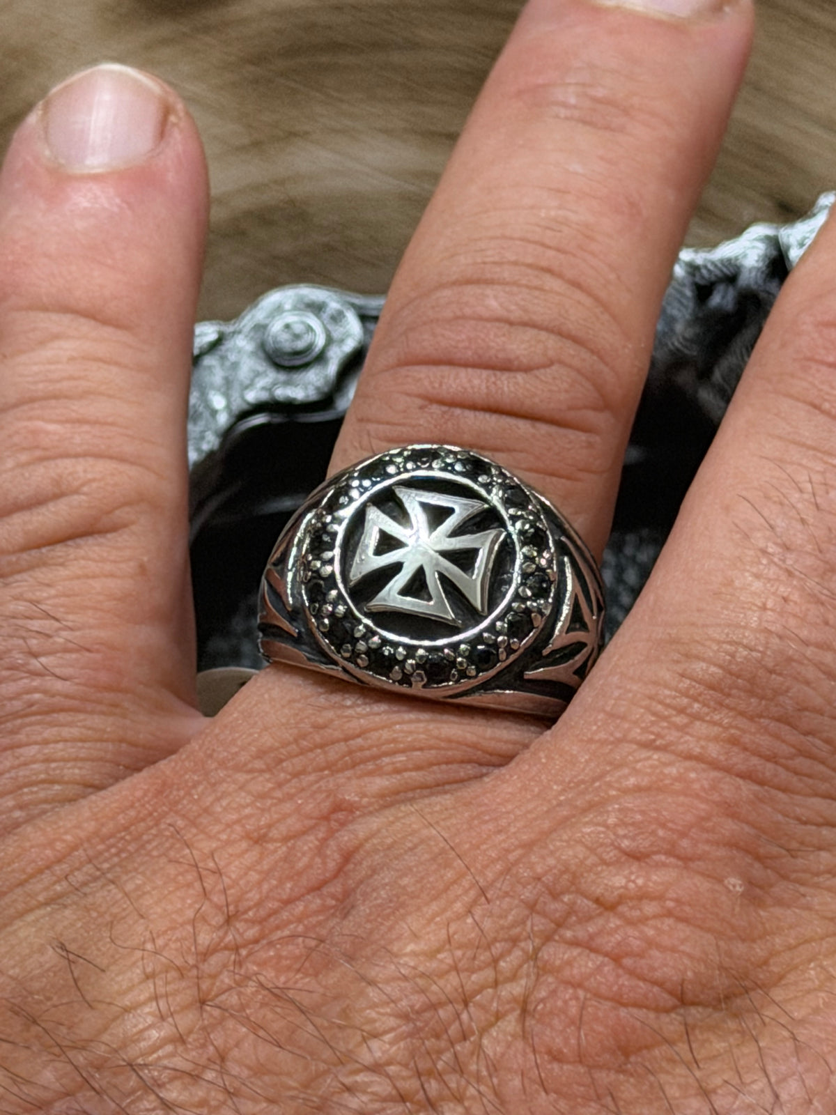 Knights Templar Cross Ring Size 9 - Black Zircon Stones