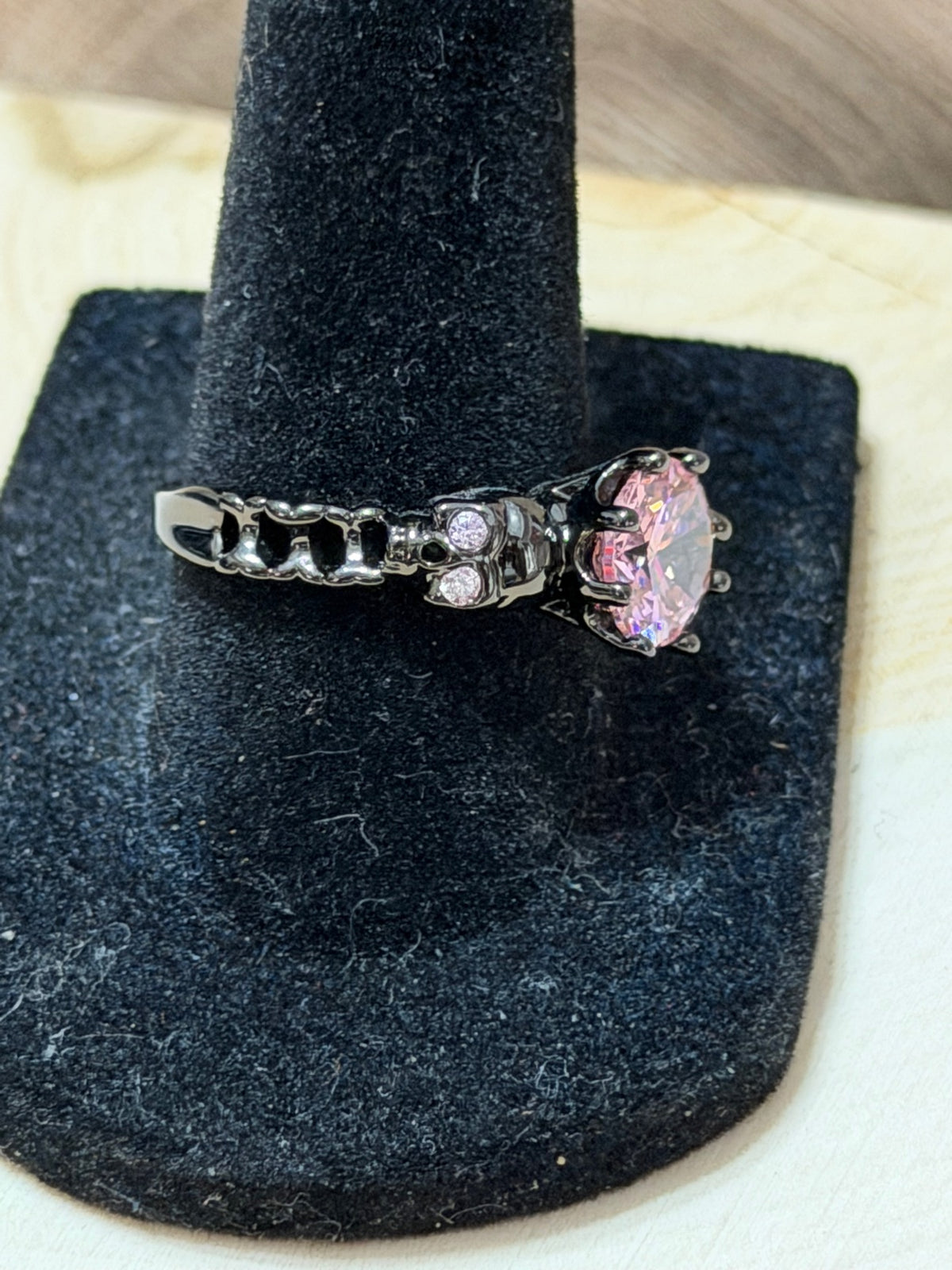 Black Gold Plated Double Skull Ring with Pink CZ Solitaire