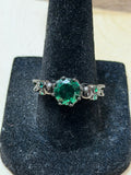 Black Gold Plated Double Skull Ring with Green CZ Solitaire