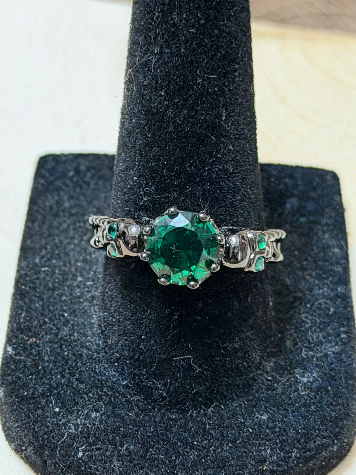 Black Gold Plated Double Skull Ring with Green CZ Solitaire