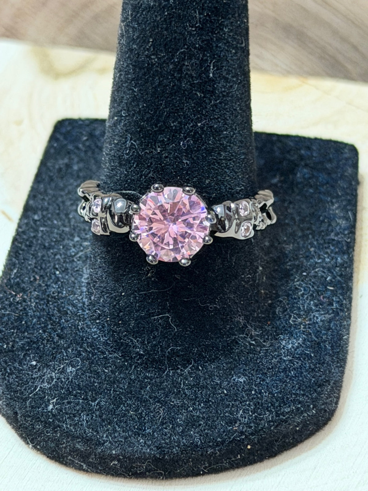 Black Gold Plated Double Skull Ring with Pink CZ Solitaire