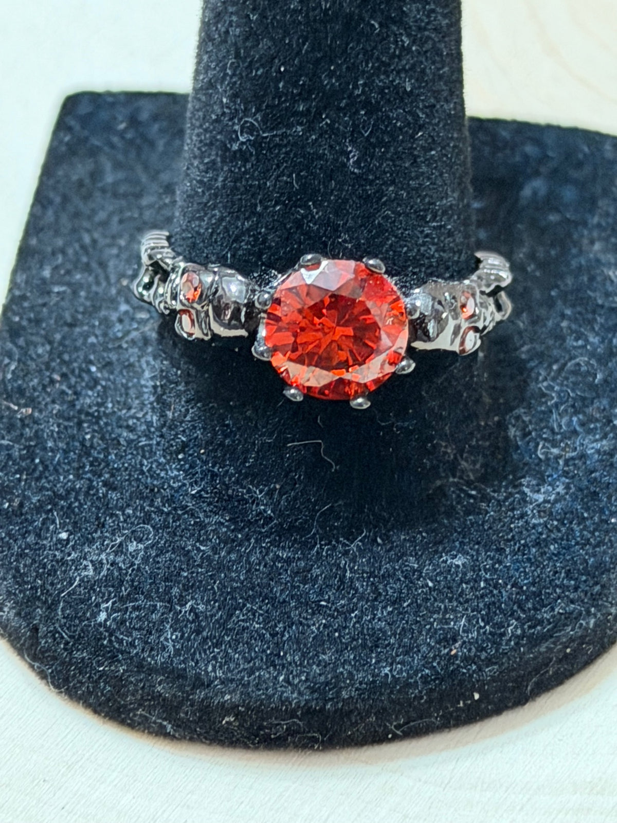 Black Gold Plated Double Skull Ring with Red CZ Solitaire